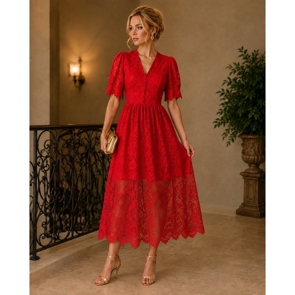 Gianni Bini Red Floral Lace Midi Dress Short Puff Sleeve V-Neck Size 12